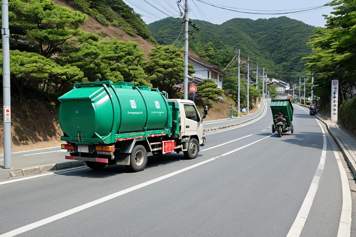 경상북도 경주시 안강읍의 폐기물 수거 차량이 깨끗한 도로를 따라 정기적으로 이동하고 있는 모습. 차량에는 (주)녹색환경 로고가 없이 폐기물 수거를 위한 전용 박스가 탑재되어 있으며