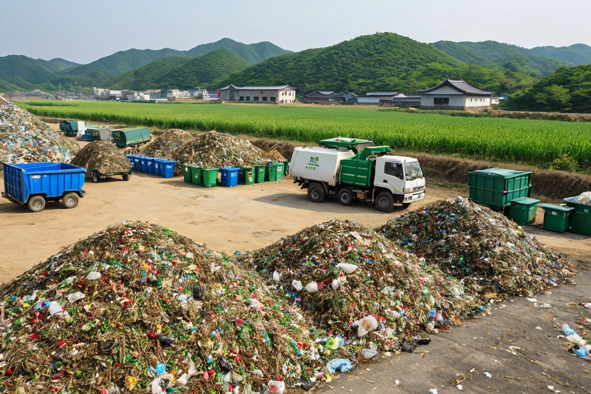 경주시 안강읍 옥산리 지역의 폐기물 수집 차량이 농업 폐기물과 소규모 제조업 폐기물이 분리된 채로 수집 중인 장면. 차량 옆에는 분리된 폐기물이 잘 정리되어 있는 모습이 보입니다.